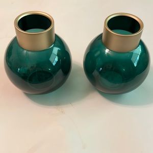 NWT Two (2) Place & Time Green Glass Table Vases 2/Gold Tone Trim